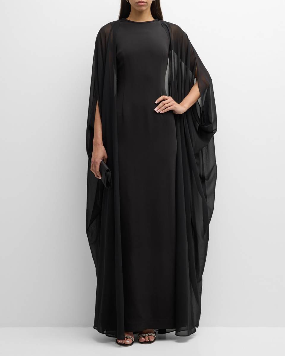 Sleeveless Crepe & Chiffon Cape Column Gown